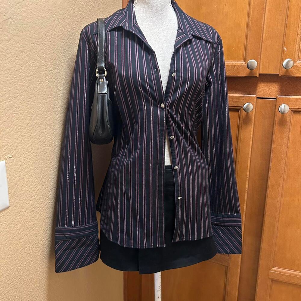George black and pink striped cotton button up top. Size XL